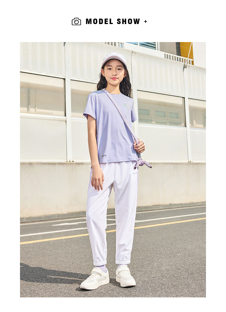 ERKE Girls' Round Neck Knit Short-Sleeve T-Shirt for Older Children, Summer Campus Youth Style, Cream Sweet Peach Color, Size 130 12