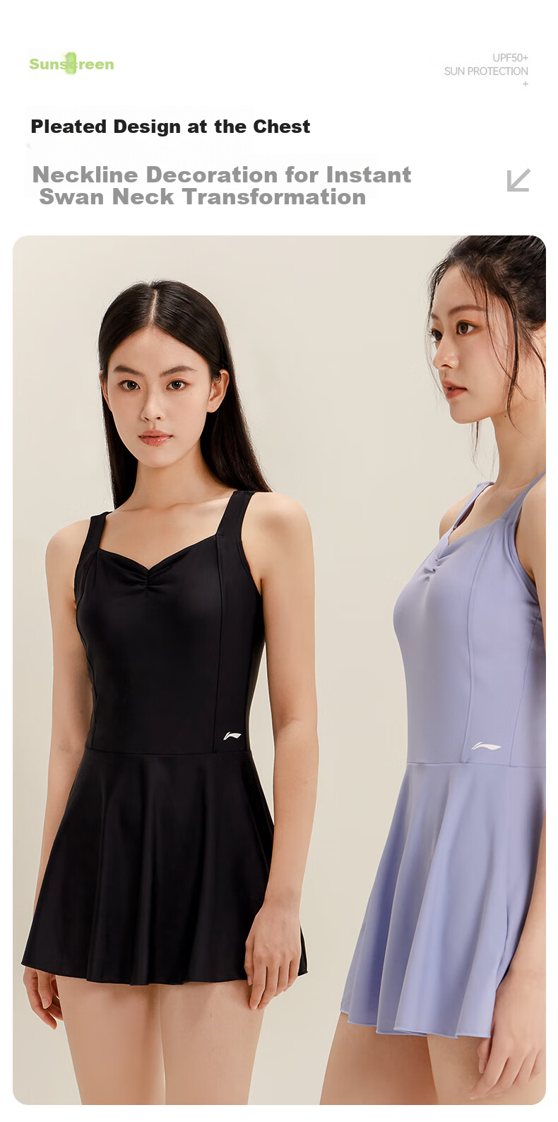 Li-Ning One-Piece Swimsuit for Women, Dress Style, Slimming Effect, Comfortable, Breathable, Suitable for Hot Springs And Vacation, Swimwear 0441 Black XL 3
