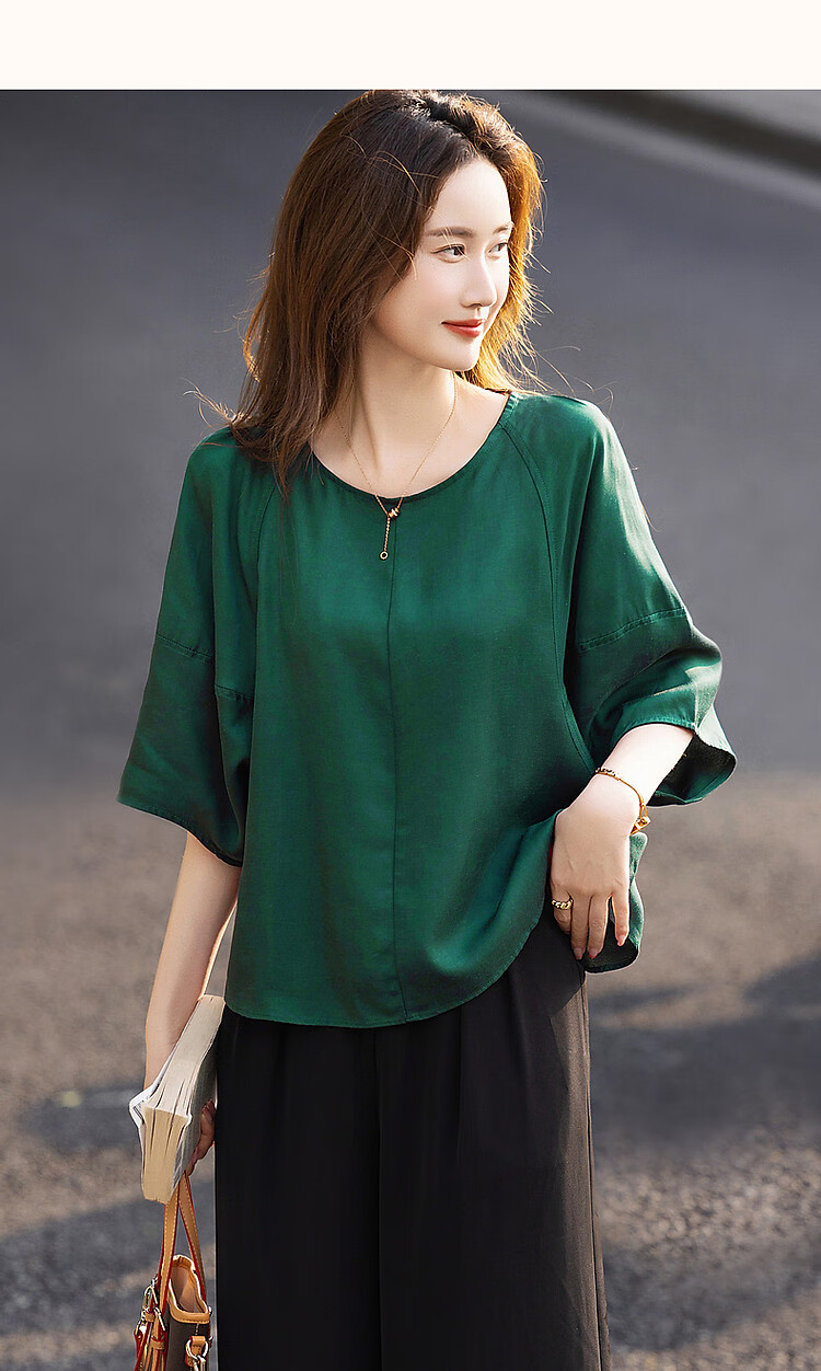 Dme [Monet Garden] Summer Lightweight Breathable Silk Blend Shirt, Round Neck, Loose Fit, Comfortable, Slimming Blouse Top 19