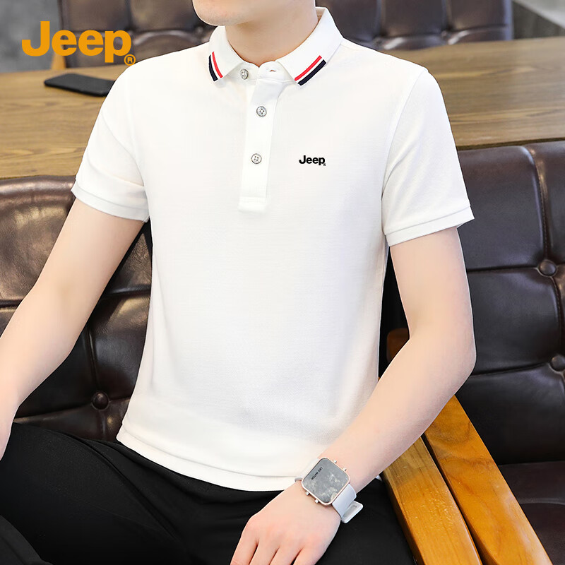 JEEP Short-Sleeve T-Shirt for Men, Summer Business Casual Polo Undershirt, Loose-Fitting Men's Clothing 6619, Off-White, M