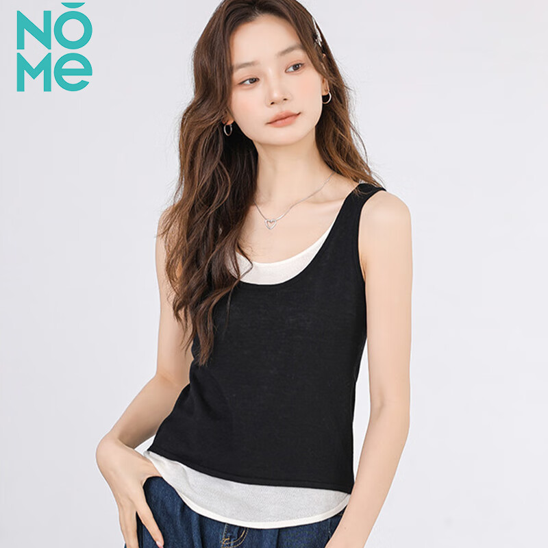 NOMe Snowflake Cotton Faux Two-Piece Loose Vest for Women, Outer Wear, 2026 Summer Stylish Simple Sleeveless Top, Black, M