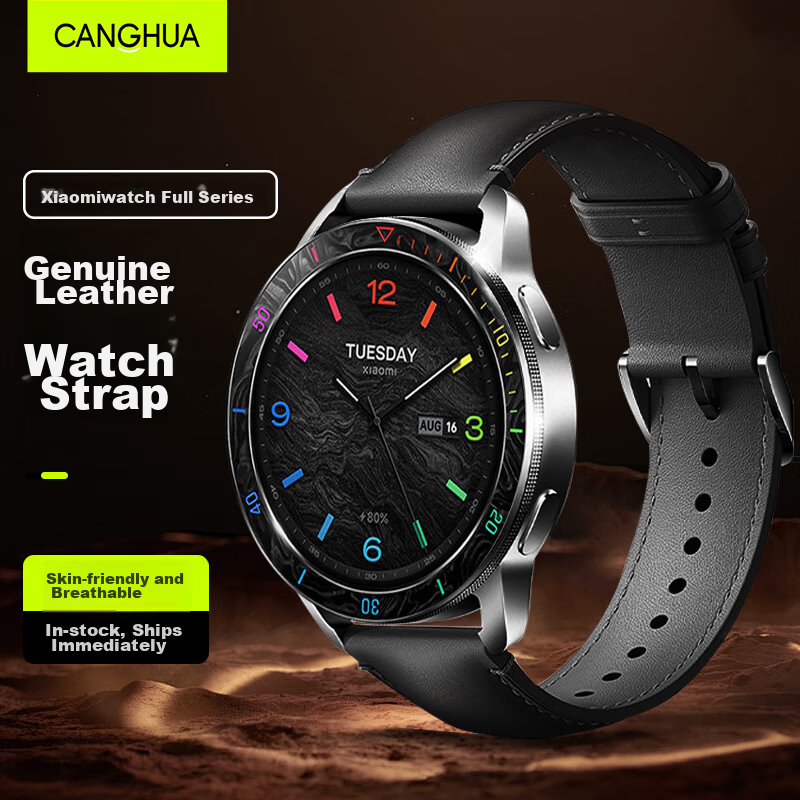 CangHua Genuine Leather Watch Strap Compatible with Xiaomi Watch 5/S5/S4/S4 Sport/S3/S2/S1/S1Pro/color2, Business Style Wristband, Black