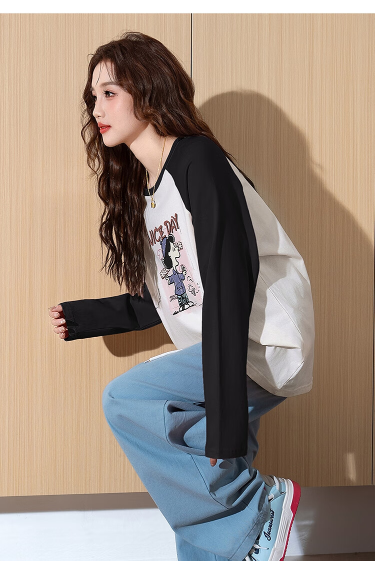 TonLion Autumn And Winter Long-Sleeve T-Shirt for Women, Wearable As Outerwear, Knitted Front Chest Cartoon Photo Raglan Long-Sleeve T-Shirt, Women's Clothing with A High-End Feel 12