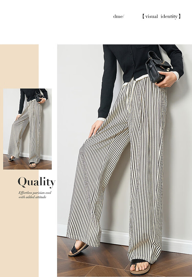 Demana Cloud Cotton Vintage Korean Style Striped Wide-Leg Drawstring Elastic Waist Slimming Women's Casual Pants for Spring and Autumn 10