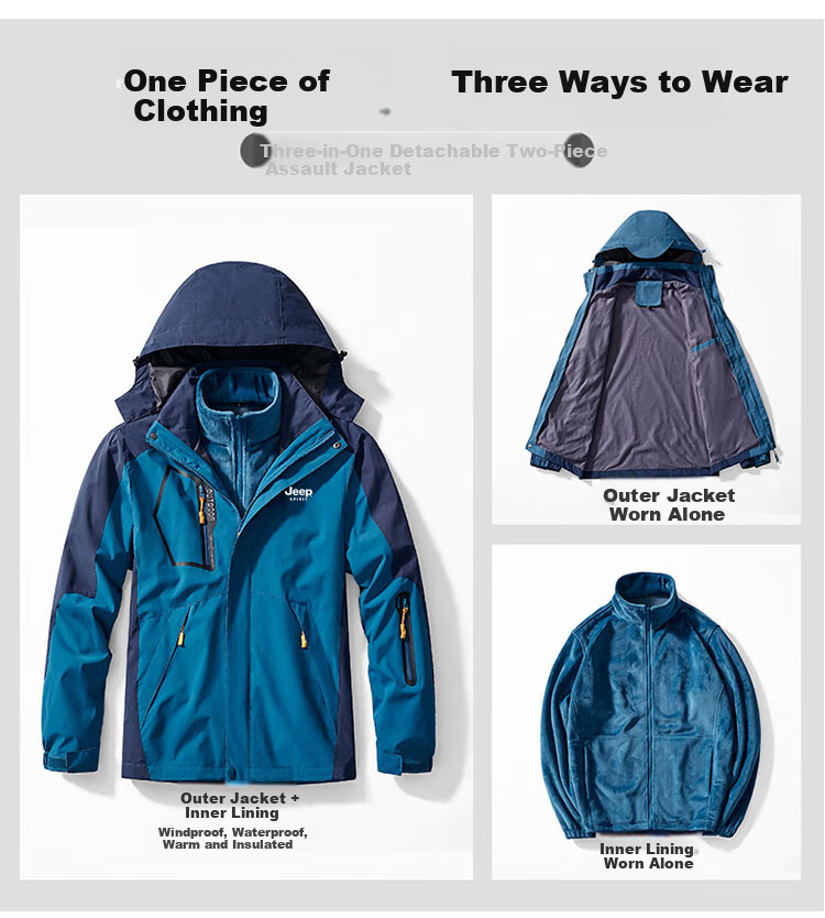 JEEP SPIRIT Men's Autumn And Winter Jacket, Three-In Detachable Outdoor Mountaineering Coat, Gray, XL 5