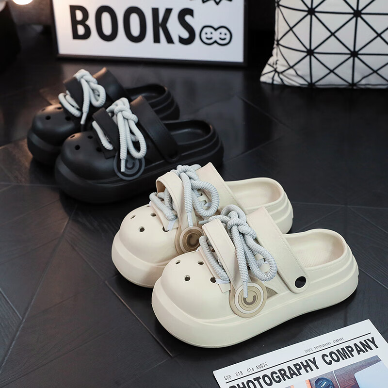 GUOLUOFEI Trendy Chunky Hole Shoes for Men And Women, Summer Outdoor Wear, Thick-Soled Punk Style, Two-Way Wear, Earphone Sandals, Black, Size 40-41