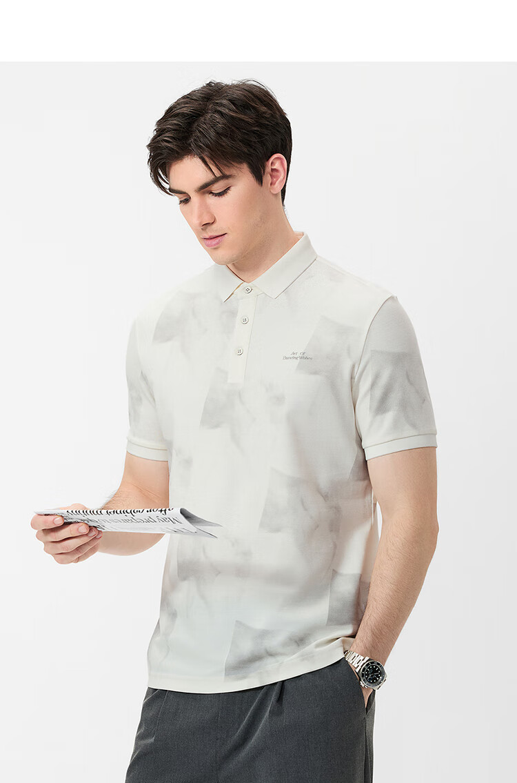 DANCING WOLVES [7A Antibacterial 2A Anti-Mite] Cool Breathable Summer Full-Print Men's Short-Sleeve POLO 801 Off-White XL(180) 12