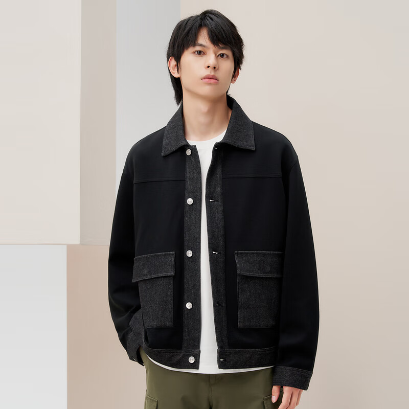 Gxgjeans Men's 2024 Autumn New Lapel Patchwork Denim Jacket Black 170/M