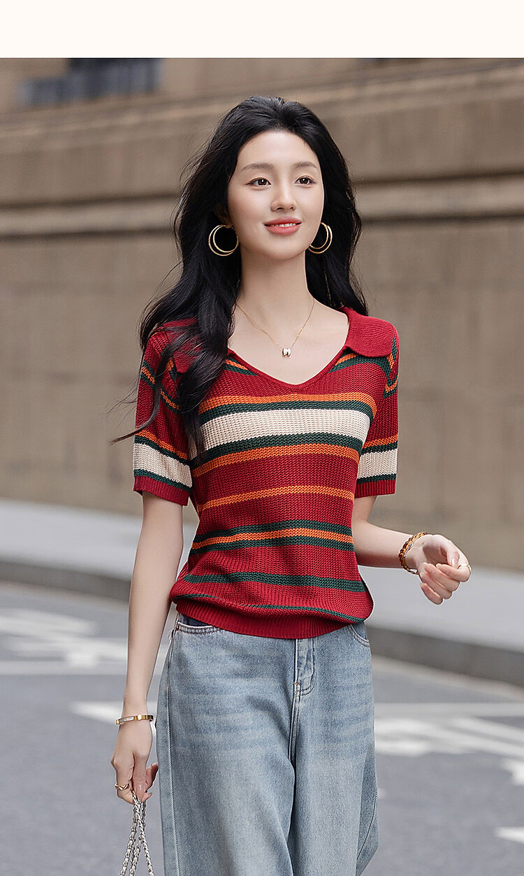 Dme [Tangguo Duoban] Summer Youthful Cool Ice Silk Contrasting Striped V-Neck Sweater Women's Top 18