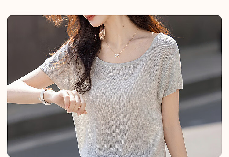 Demana Natural Linen Summer Elegant Round Neck Short Sleeve Loose Knit Top for Petite Women 4