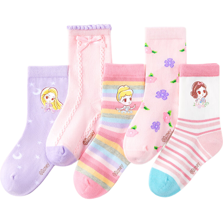 Disney Children's Socks, Girls' Spring And Autumn Cotton Socks, Seamless Mid-Calf Socks for Students, Princess Socks DSP3518, 5 Pairs, Size 7-9