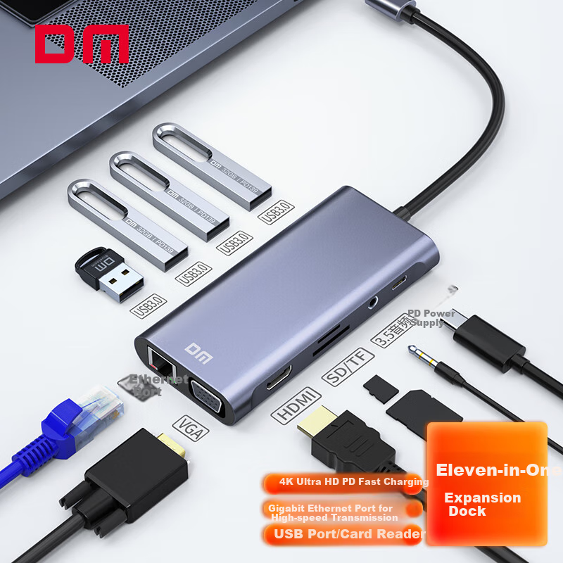 DM Daimai Type-C Eleven-In Expansion Dock, USB-C to HDM I/VGA/Network Port, Laptop 4K Adapter, Multifunctional Splitter with 3.5mm Audio, CHB065
