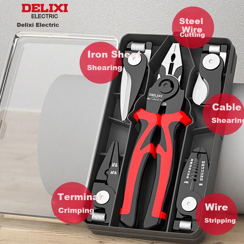 DELIXI ELECTRIC 5-In Multifunctional Pliers Set Including Wire Cutters, Pliers, Strippers, Electrician's Crimping Pliers