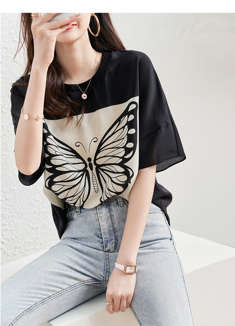 Dme Short-Sleeve Shirt, Black Silk Blouse for Women, Summer Mulberry Silk Printed Loose Round Neck Shirt, Stylish And Niche Desig 2