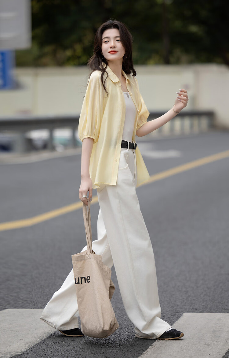 Demana [Su Jian Aesthetics] Summer Acetate Polyester Shirt with Panel Stitching and Elastic Lantern Sleeves Women's Top 14