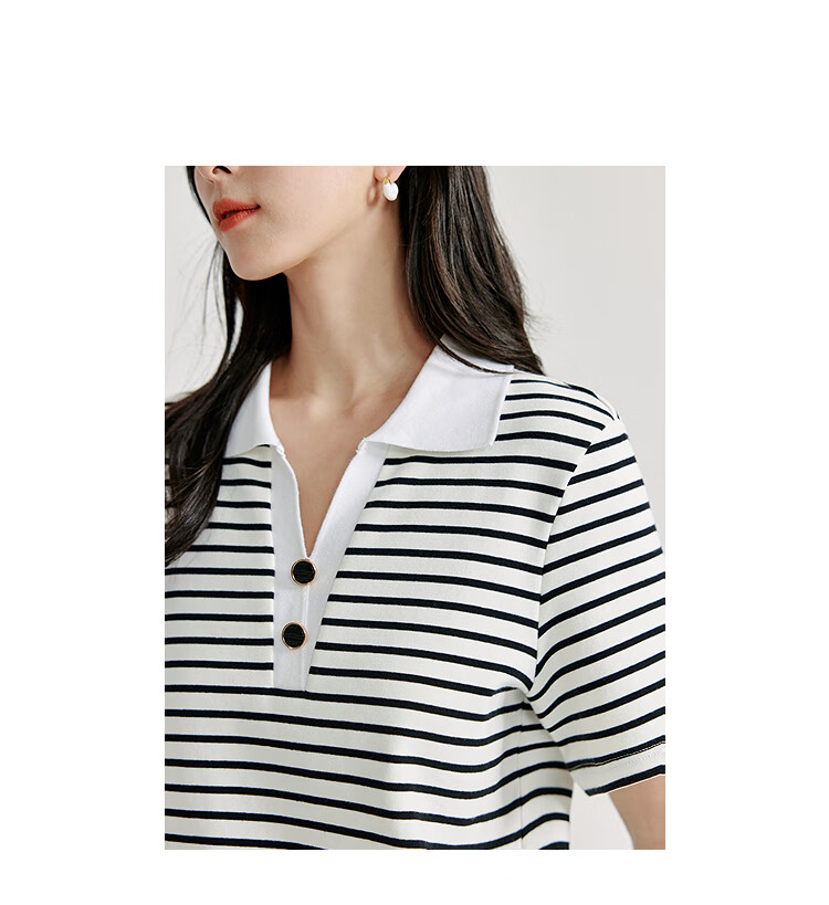 Inman Casual Striped Shoulder T-Shirt Summer Women's Design Polo Collar Slim Fit Short Sleeve Star Black XL 2