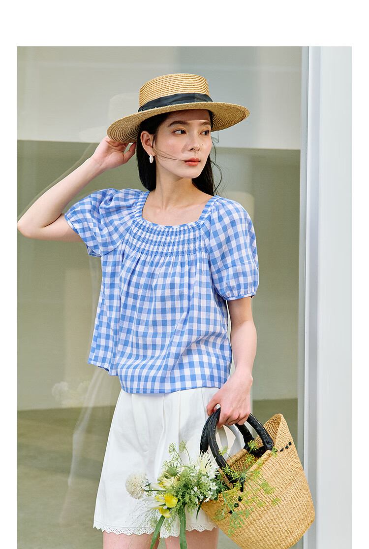 Inman 100% Cotton Sweet Plaid Shirt 2026 Summer New Women's Slim Waist Pleated Blouse Light Blue Plaid L 2