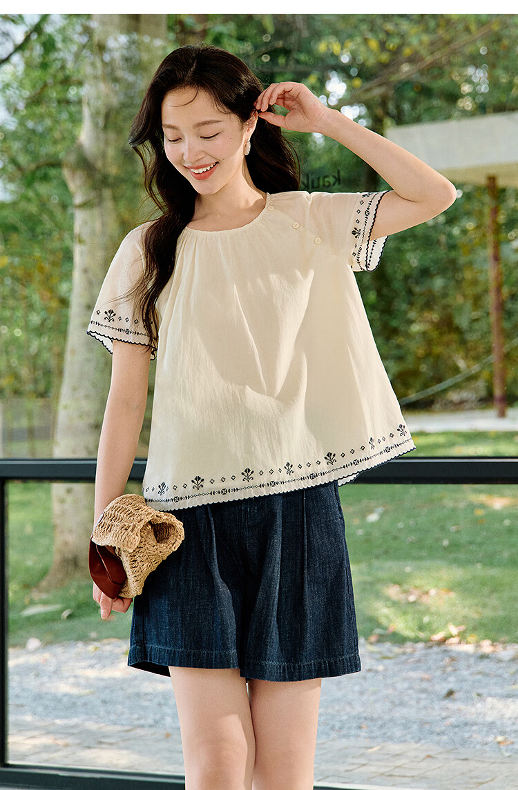 Inman French Style 100% Cotton Embroidered Shirt Summer Women's Casual Vacation Short Sleeve Blouse Beige M 22