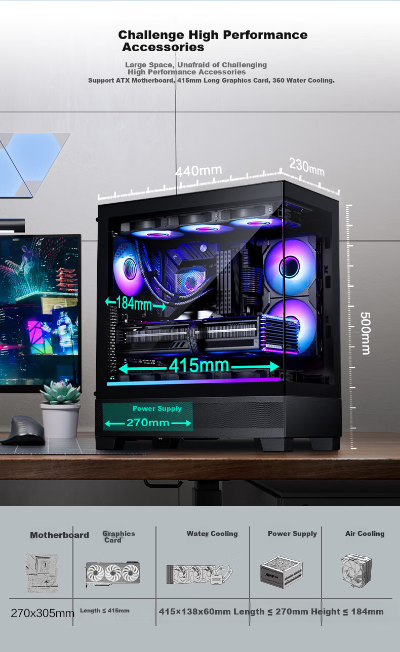 PHANTEKS XT523 View Black Sea View Tempered Glass Full View TX Motherboard Case for Desktop Computer (Side ARGB Light Strip/360mm Water Cooling Support/Type-C) 6
