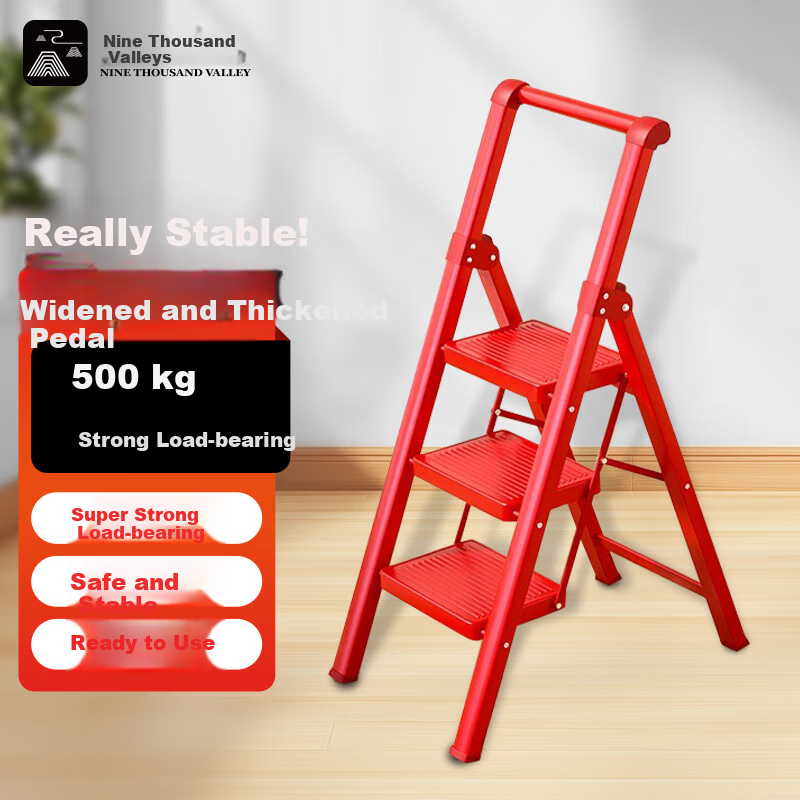 Jiuqiangu Folding Ladder, Household Extendable Carbon Steel A-Frame Ladder, Indoor Multi-Functional Staircase, Lightweight Climbing Step Ladder, Iron 8577