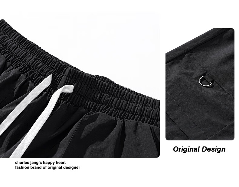 Chaersitaoxin Men's Shorts, Summer Heart Embroidery Straight-Leg Drawstring Loose Casual Cargo Five-Point Pants, Black, L 2