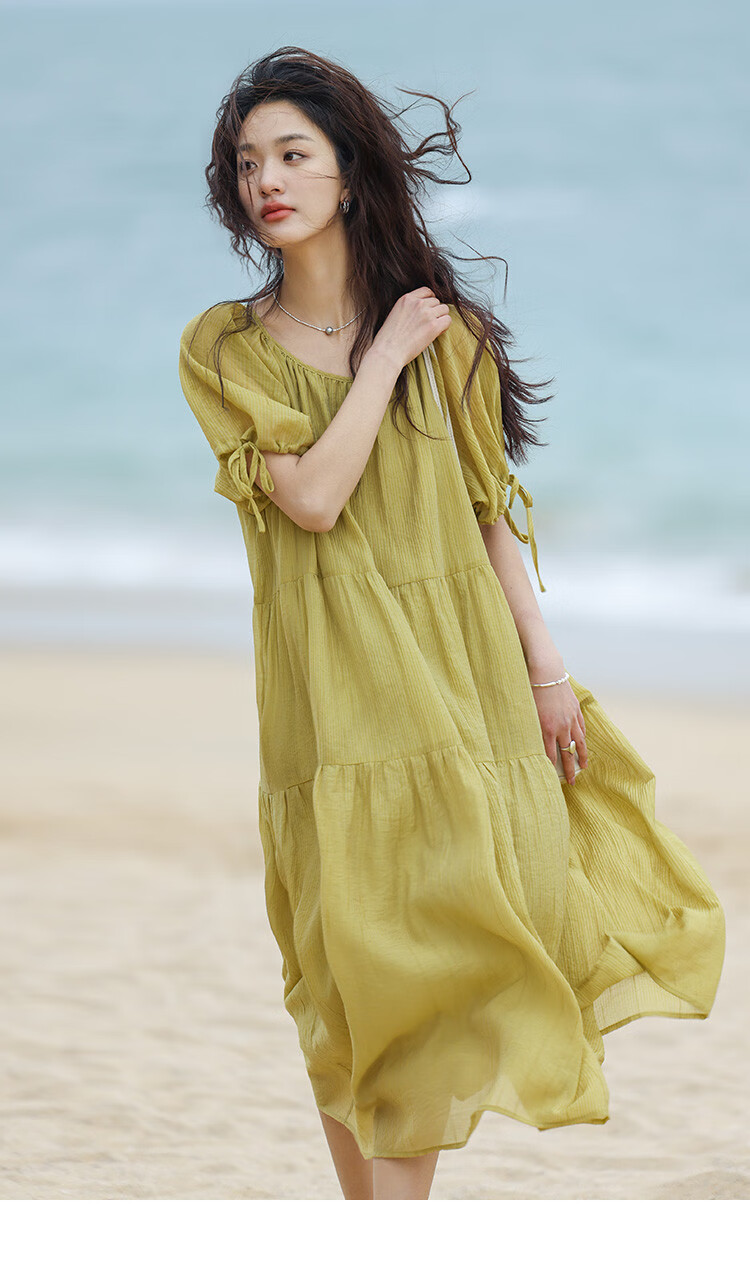 Dme Relaxed Fit Round Neck Long Dress Summer Vacation Fabric Textured Sleeve Cuff Drawstring Design Dress 9