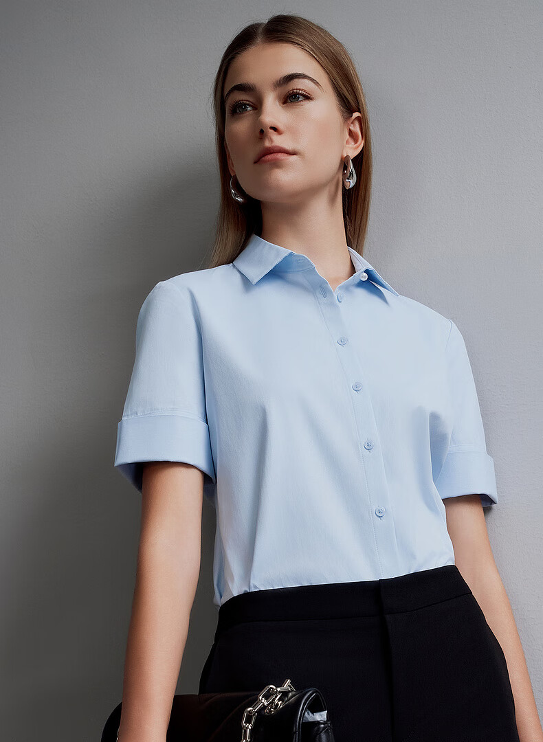 G2000 Cotton Skin-Friendly/mall Matching Spring And Summer Business Commute Women's Short-Sleeve Shirt, Ice Blue, Size 34 2