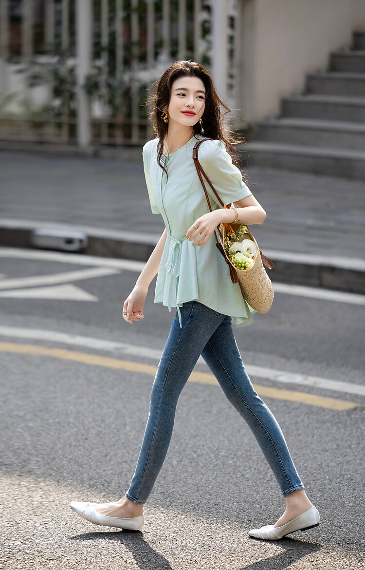 Dme [Elegant Top Student] Summer Comfortable Draping Cotton Wrinkle Shirt with Puff Sleeves And Belt, Women's Blouse Top 7