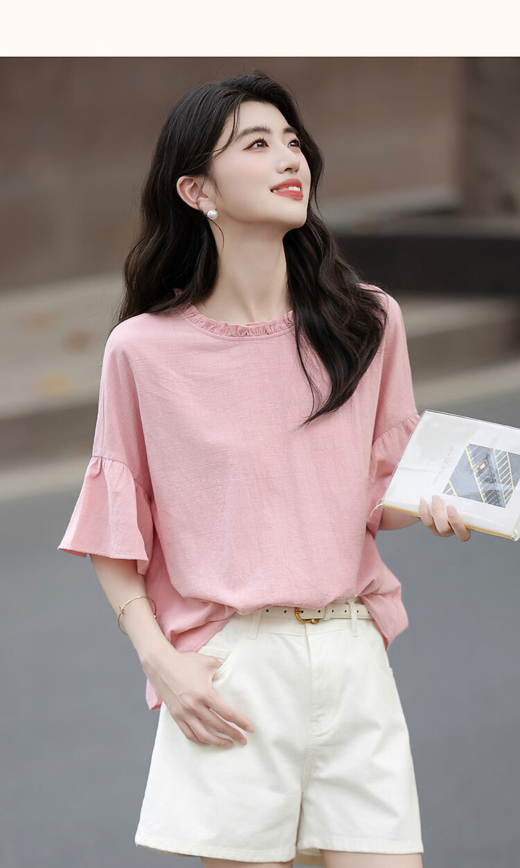 Demana [Skin-friendly Pure Cotton] Summer French Lace Round Neck Ruffle Sleeve Loose Fit Petite Shirt Women's Top 17