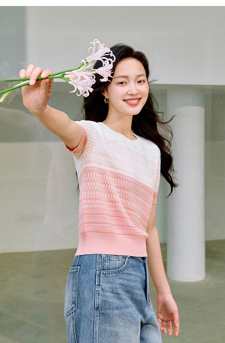 INMAN INMAN [Runway Style] Dindal Round Neck Knit Short-Sleeve T-Shirt for Women, Summer 2026 Top, Pink, Baitiao L 17