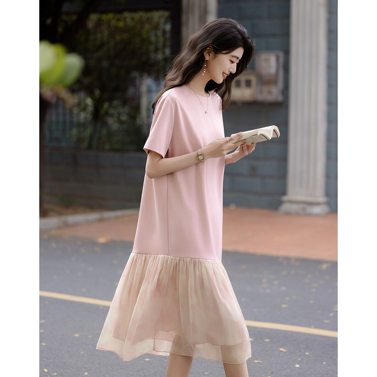 Dme [Weekend Lazy Outfit] Summer French Round Neck Loose Waist Short-Sleeve Printed Patchwork T-Shirt-Style Women's Dress