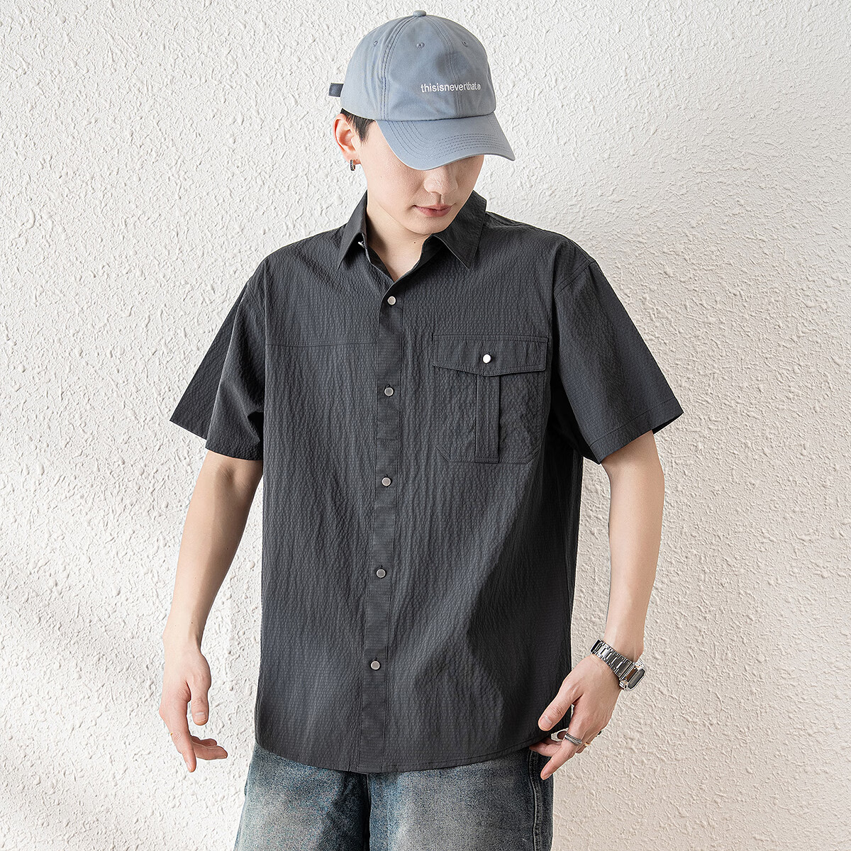 TonLion 2025 Summer Men's Lapel Front Chest Single Pocket Split Short-Sleeve Shirt