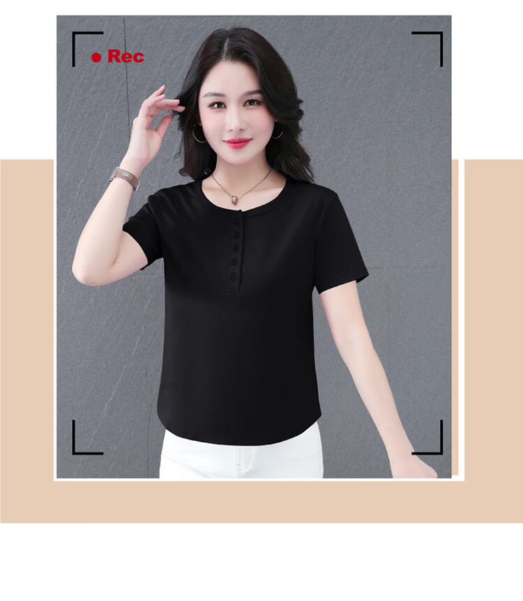 Woodpecker Women's Regular Shoulder Short Sleeve T-Shirt Casual 2025 Summer Slim Button Solid Color Half Sleeve Top Black L 2