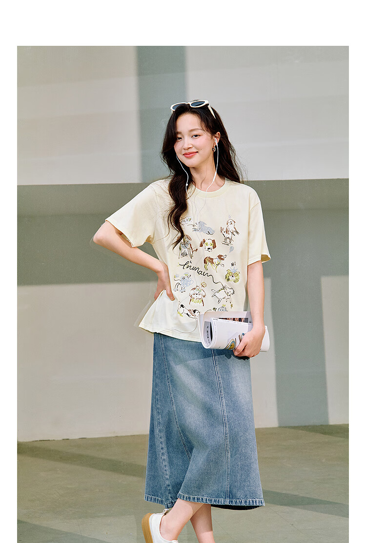 INMAN [Same As in Show] Cotton Cat Print Round Neck Short Sleeve T-Shirt for Women, Summer 2026 Top, Off-White, Size S 2