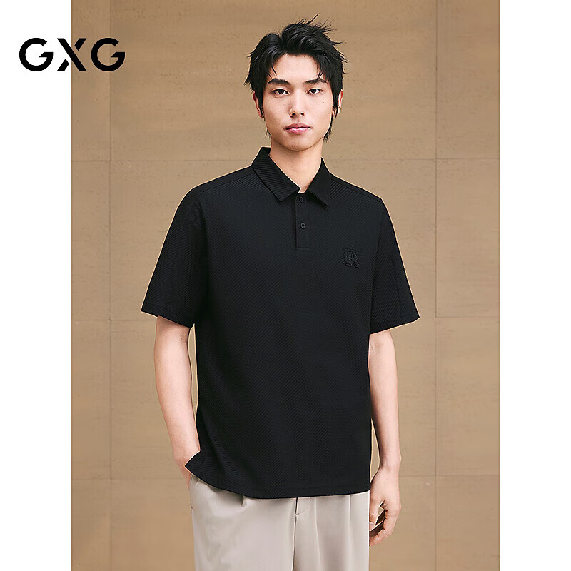 GXG Men's Clothing, Coarse Twill Texture Polo Shirt with Embroidery, Casual Collar, Black, 185/XXL