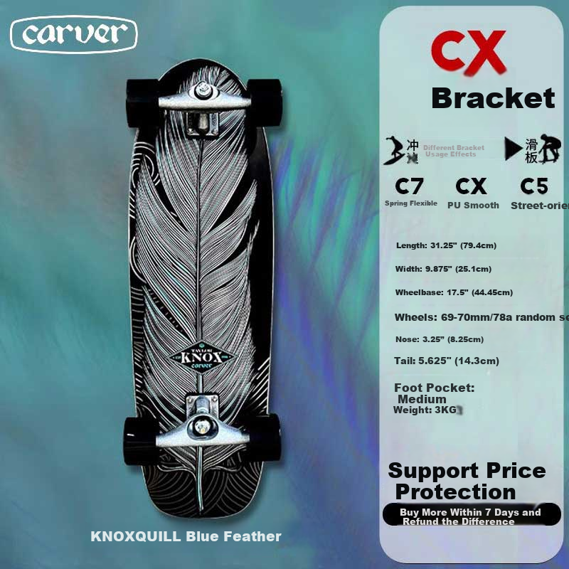 Carver Land Surfboard Master Board, Taylor Knox Signature Road Surf "Black Feather", 31.25 Inches PU Bridge