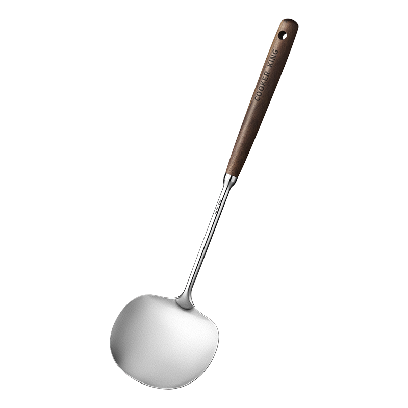 COOKER KING 304 Stainless Steel Wok Spatula, Mushroom Spatula with Walnut Wood Handle, Household Cooking Spatula, Long-Handled Stir-Fry Spatula