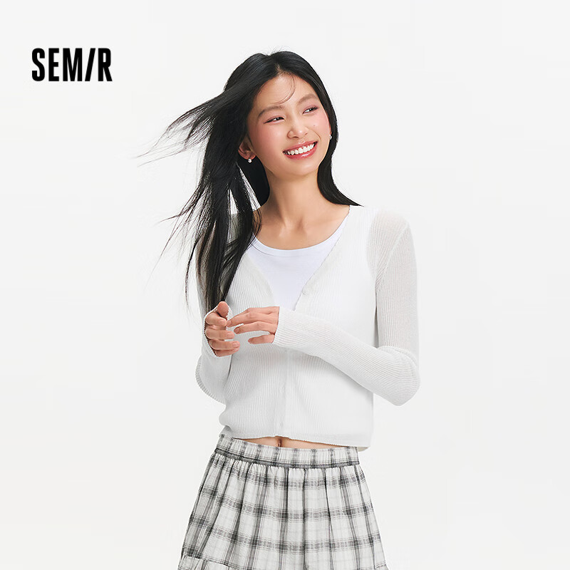 Semir Women's Summer Short Slim Fit Solid Color Lace V-Neck Knit Cardigan 101325106002