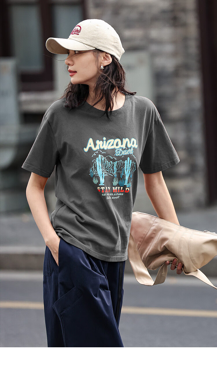 Dme [Vintage Floral Print T-Shirt], Summer Style, Grayish Blue Round Neck Decorative Short-Sleeve T-Shirt for Wome 14