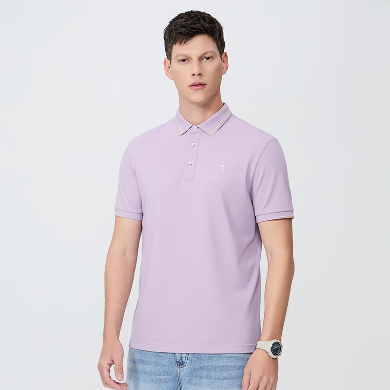 DANCING WOLVES [Mulberry Silk & Instant Cooling] Exquisite Embroidered Men's Short-Sleeve POLO Shirt 504 Light Purple M(170)
