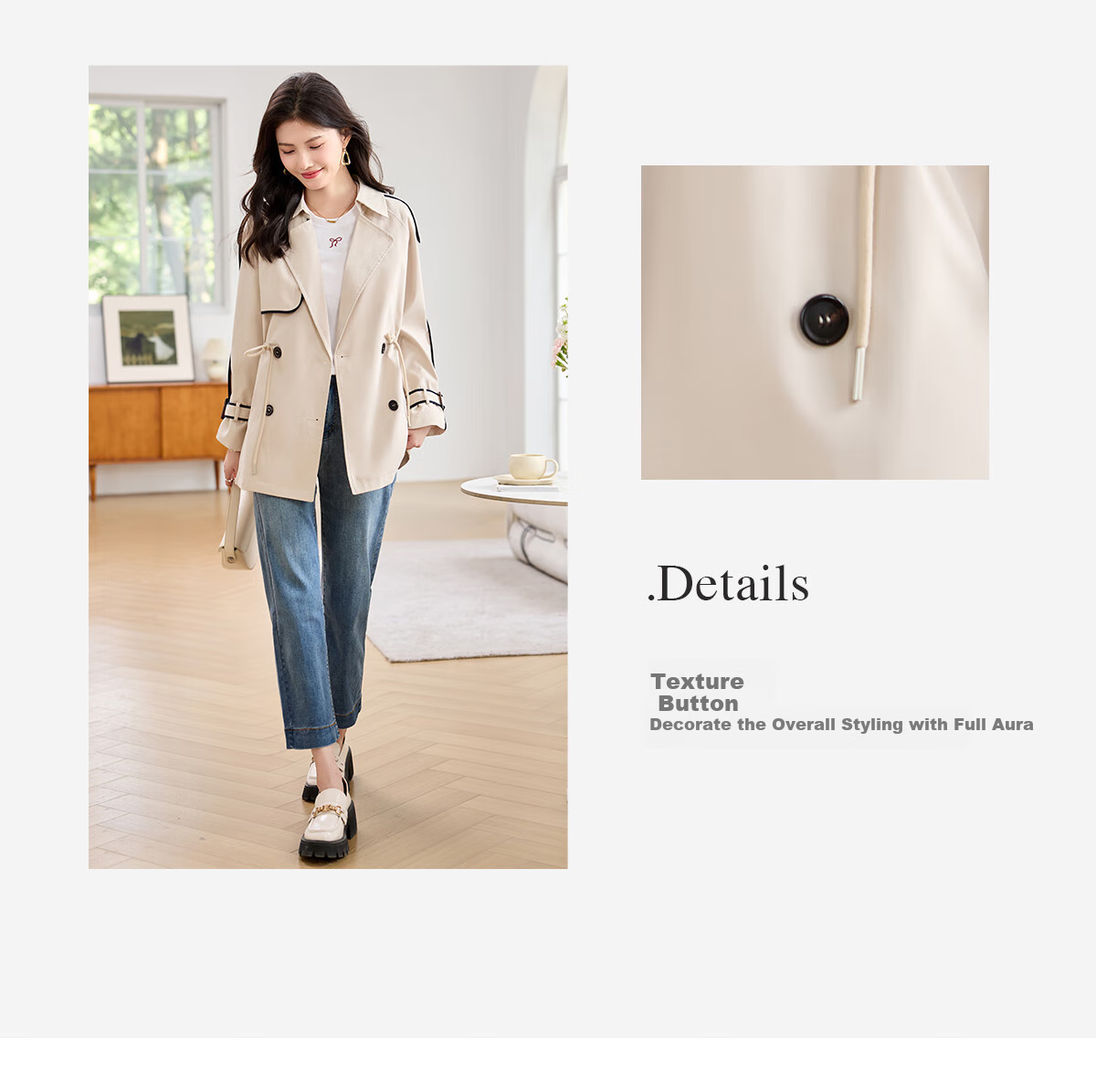 Taxiang Drawstring Waist Trench Coat for Women, Spring And Autumn Casual Commuter Short Jacket, High-End Outer Cardigan T51D033 9