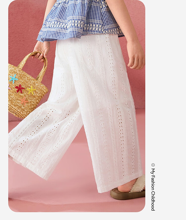 ASK JUNIOR Cotton Kids Summer Hollow Lace Embroidered Straight Leg Breathable Long Pants for Girls and Teens 12