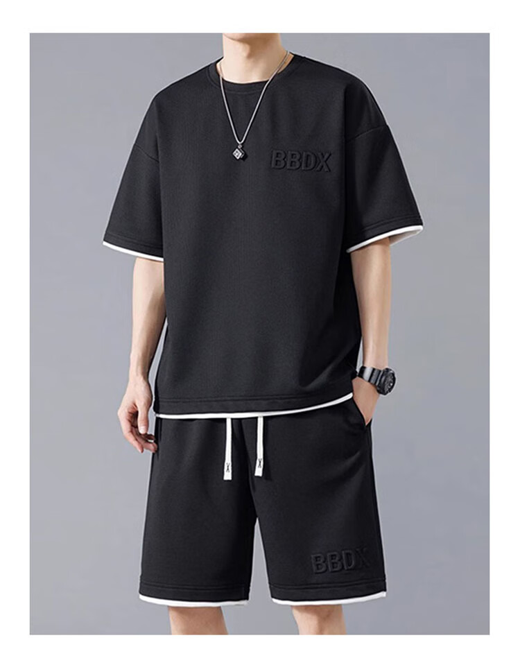 JEEP SPIRIT Men's Summer Waffle Short Sleeve T-Shirt and Shorts Set Casual Sports Two-Piece Suit Off-White L 11