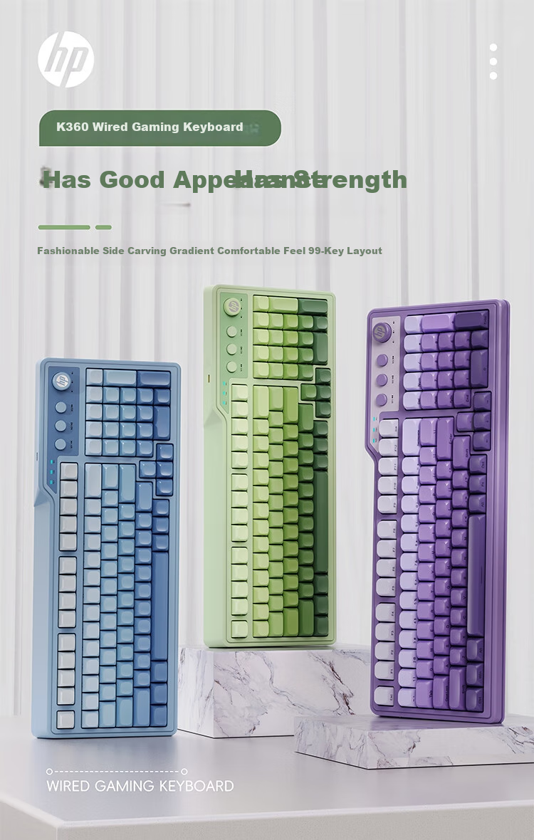 HP K360 Wired Keyboard, Gradient Color Keycaps, RGB Mechanical Feel, Ergonomic Design, Office And Gaming Universal, League of Legends, E-Sports Gaming Keyboard, Green, 98-Key Layout 1