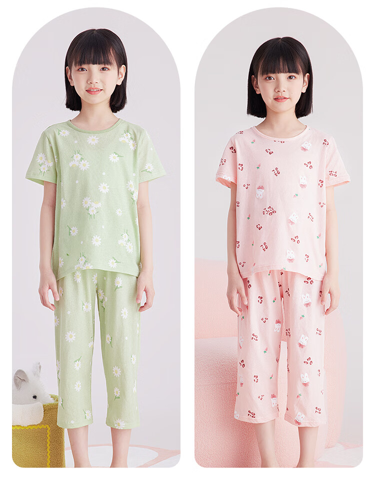 DEESHA Girls' Pajamas, Spring And Summer Thin Mesh Breathable Antibacterial Pure Cotton Air Conditioning Wear, for Older Children's Home Wear Set 1