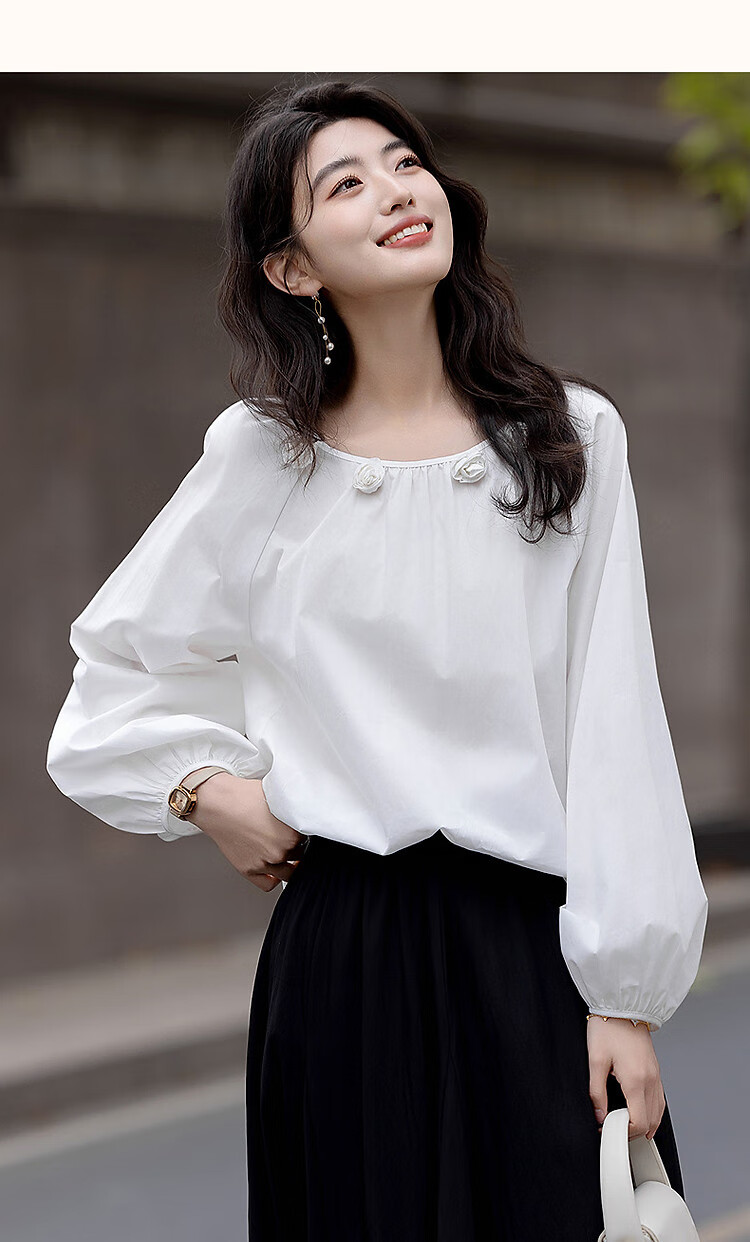Dme [Moonlight Old Dream] Autumn French Pure Cotton Handmade 3D Floral V-Neck Pleated Blouse Women's Top 12