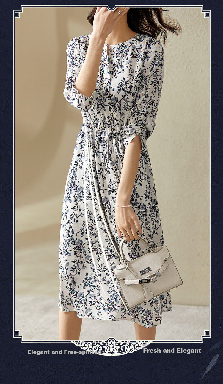 Sentubila New Chinese-Style National Style Dress, Summer Wear, Blue And White Porcelain Print, Elegant Waist-Cinching Slimming Dress, White with Blue Flowers, Size L 7