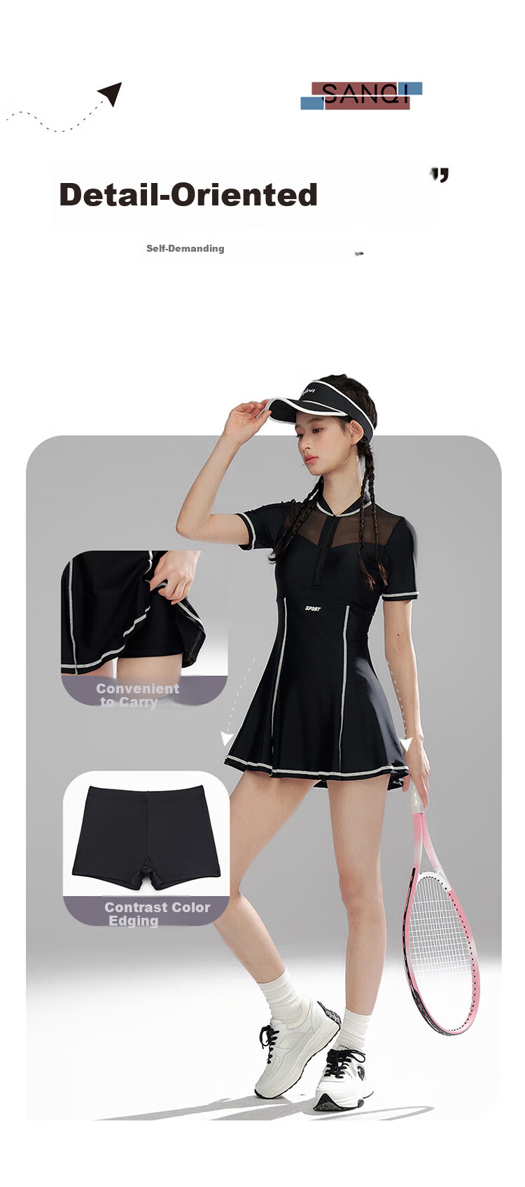 Sanqi Women's Two-Piece Swimsuit, Conservative Skirt-Style Boyshorts, Tummy-Covering, Slimming, Plus Size, for Hot Springs And Sports Swimming, Black, Size L 3