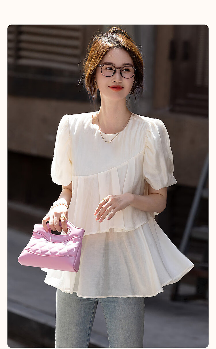 Dme [Luorimian] Summer Breathable Lyocell Tencel Shirt with Asymmetric Ruffle Collar And Puff Sleeves Top 2