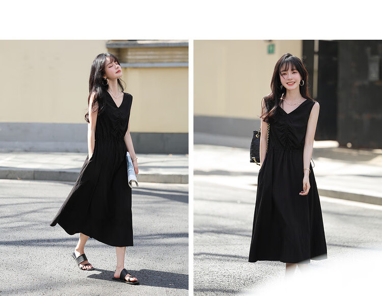 Mt [Muse Style] Summer Elegant V-Neck Tie-Waist Sleeveless Little Black Dress, Adjustable Waist Long Dress for Wome 5